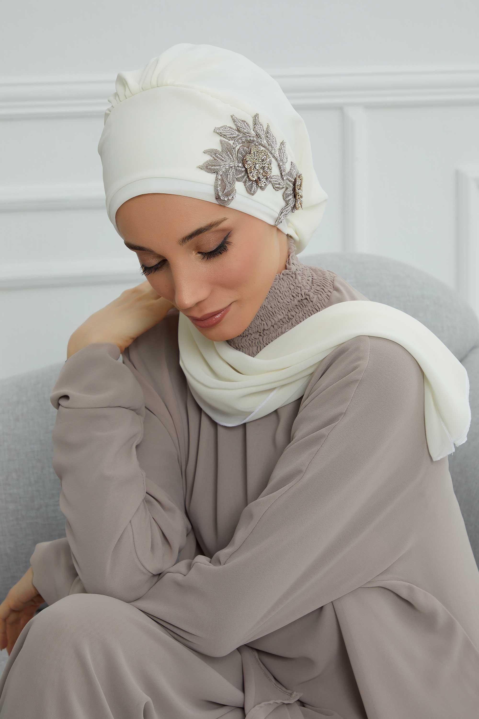 Instant Turban Chiffon Scarf Head Turbans with Gorgeous Unique Jewellery Stone Accessory For Women Headwear Stylish Elegant Design,HT-104 Ivory