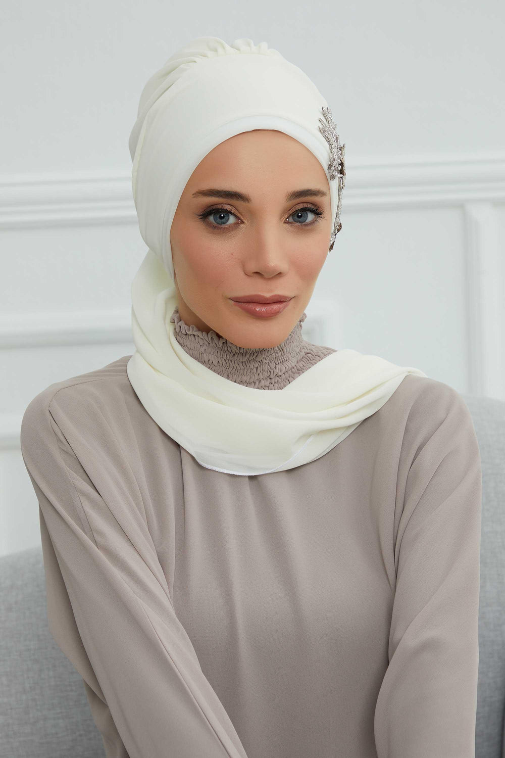 Instant Turban Chiffon Scarf Head Turbans with Gorgeous Unique Jewellery Stone Accessory For Women Headwear Stylish Elegant Design,HT-104 Ivory