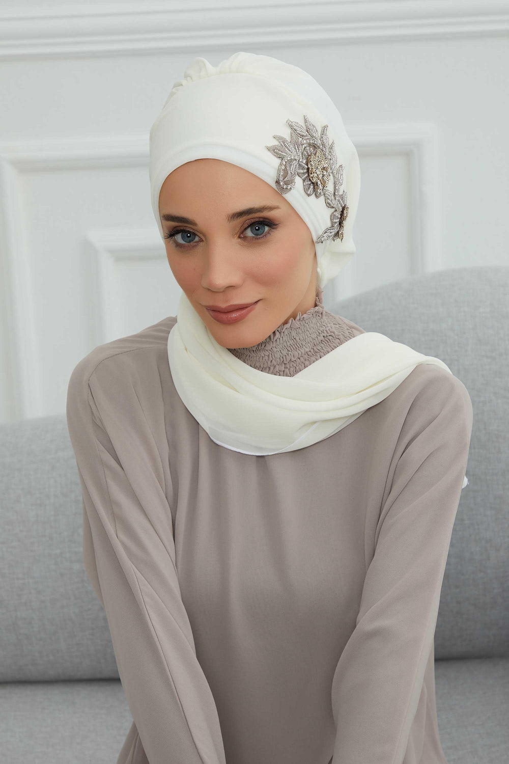 Instant Turban Chiffon Scarf Head Turbans with Gorgeous Unique Jewellery Stone Accessory For Women Headwear Stylish Elegant Design,HT-104 Ivory