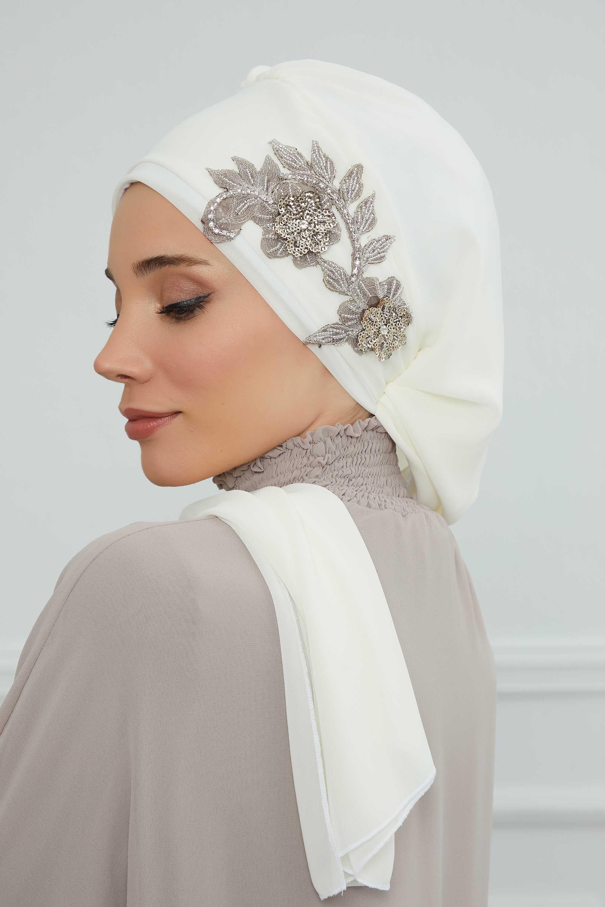 Instant Turban Chiffon Scarf Head Turbans with Gorgeous Unique Jewellery Stone Accessory For Women Headwear Stylish Elegant Design,HT-104 Ivory
