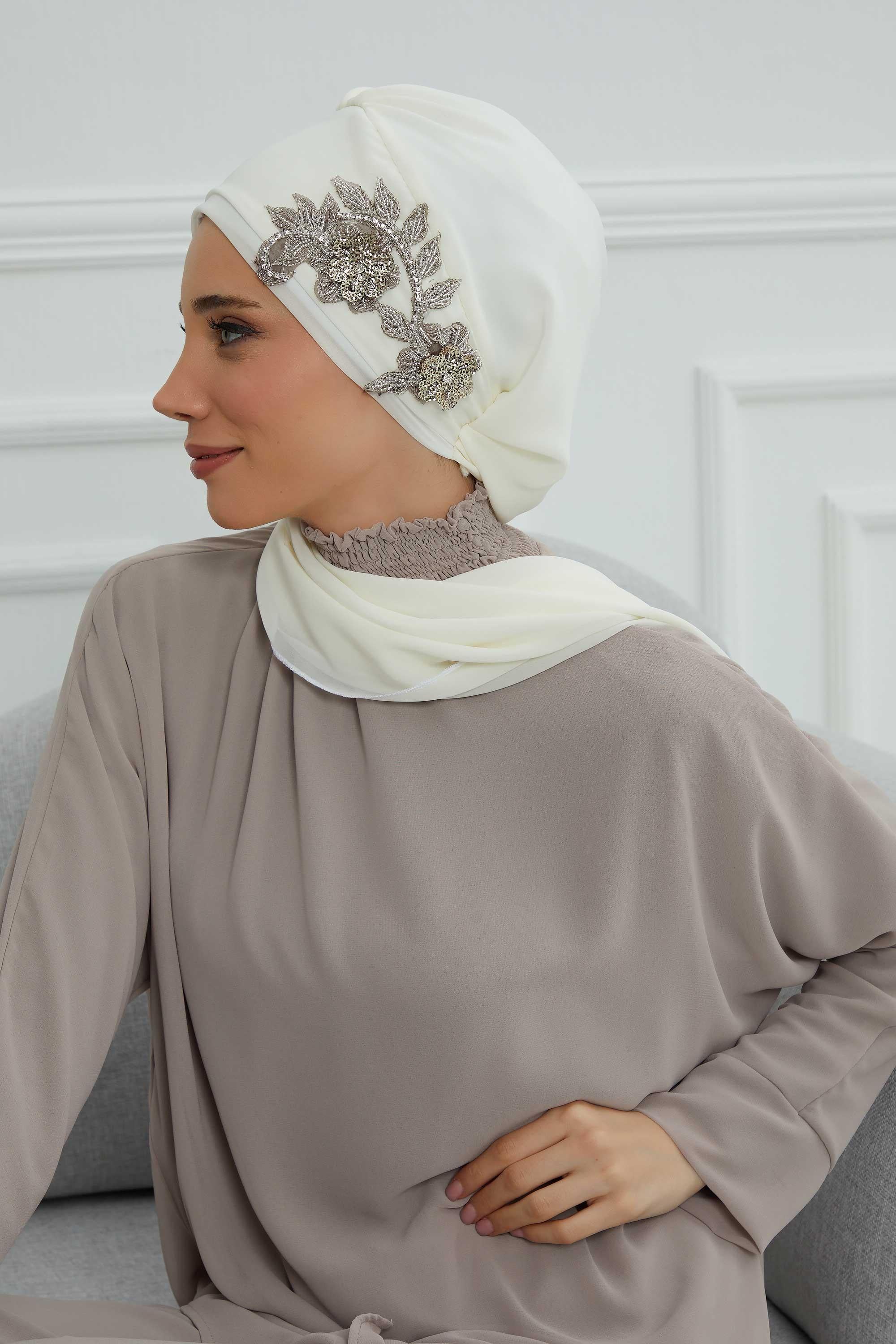 Instant Turban Chiffon Scarf Head Turbans with Gorgeous Unique Jewellery Stone Accessory For Women Headwear Stylish Elegant Design,HT-104 Ivory