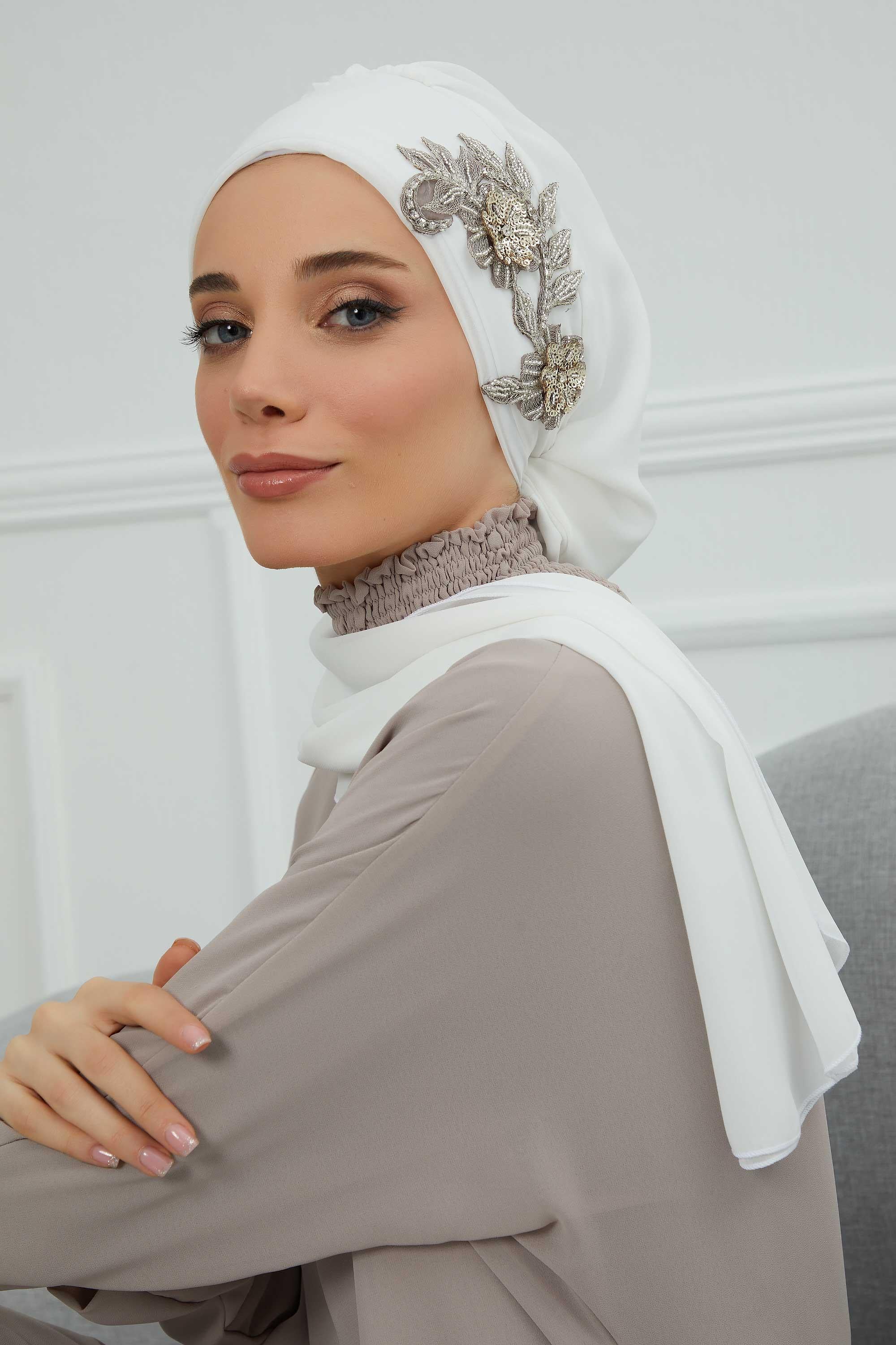 Instant Turban Chiffon Scarf Head Turbans with Gorgeous Unique Jewellery Stone Accessory For Women Headwear Stylish Elegant Design,HT-104 Off-White