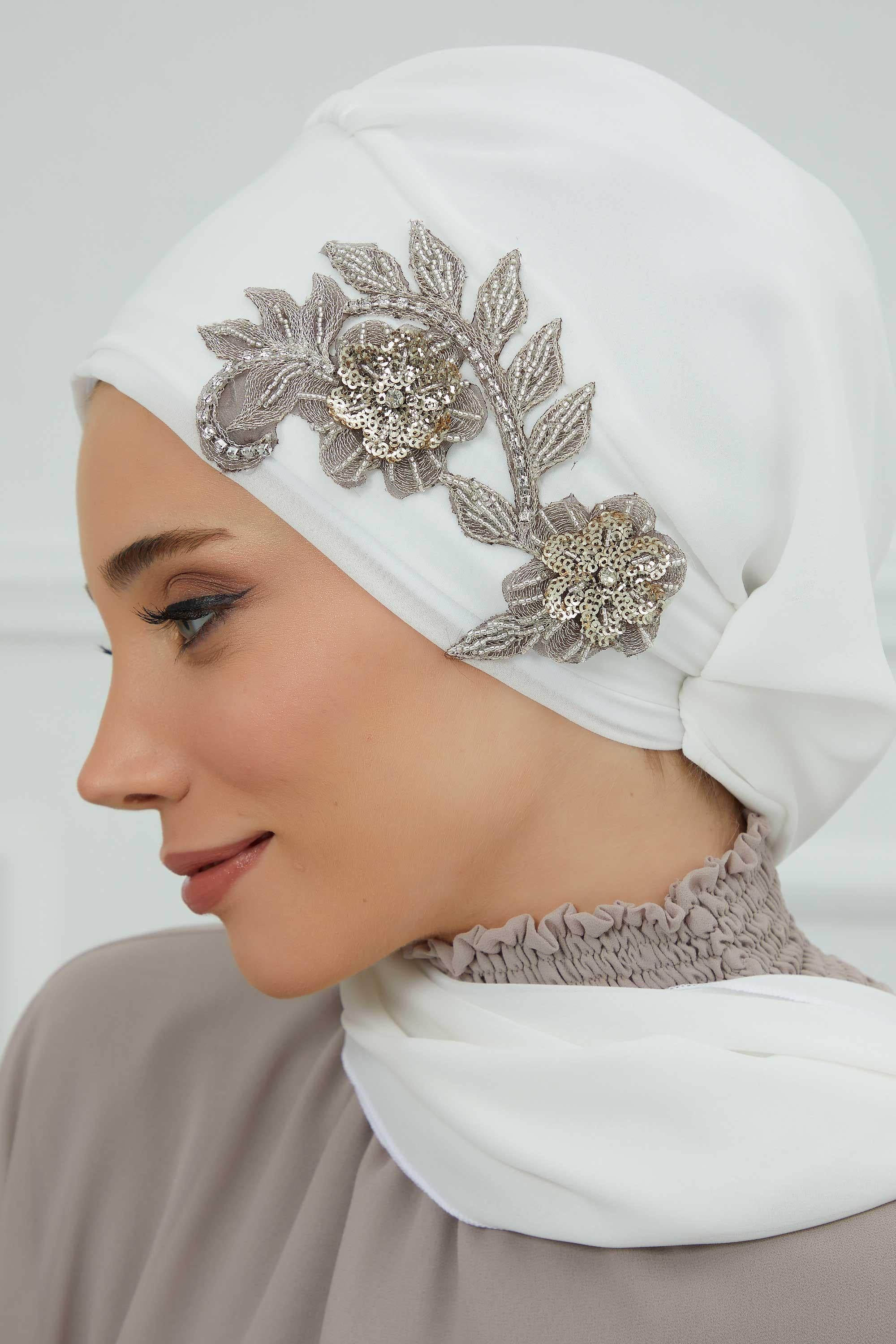 Instant Turban Chiffon Scarf Head Turbans with Gorgeous Unique Jewellery Stone Accessory For Women Headwear Stylish Elegant Design,HT-104 Off-White
