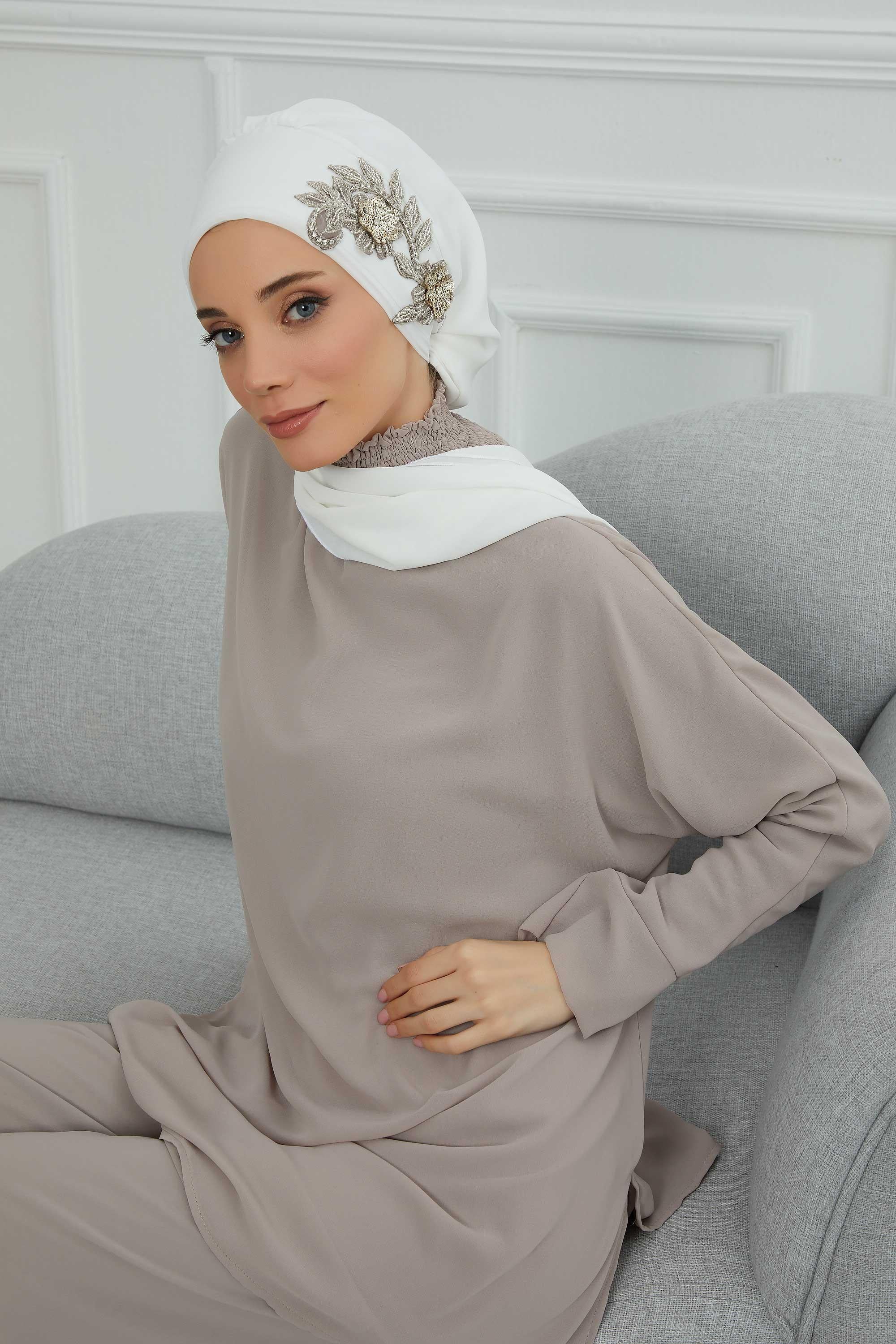 Instant Turban Chiffon Scarf Head Turbans with Gorgeous Unique Jewellery Stone Accessory For Women Headwear Stylish Elegant Design,HT-104 Off-White
