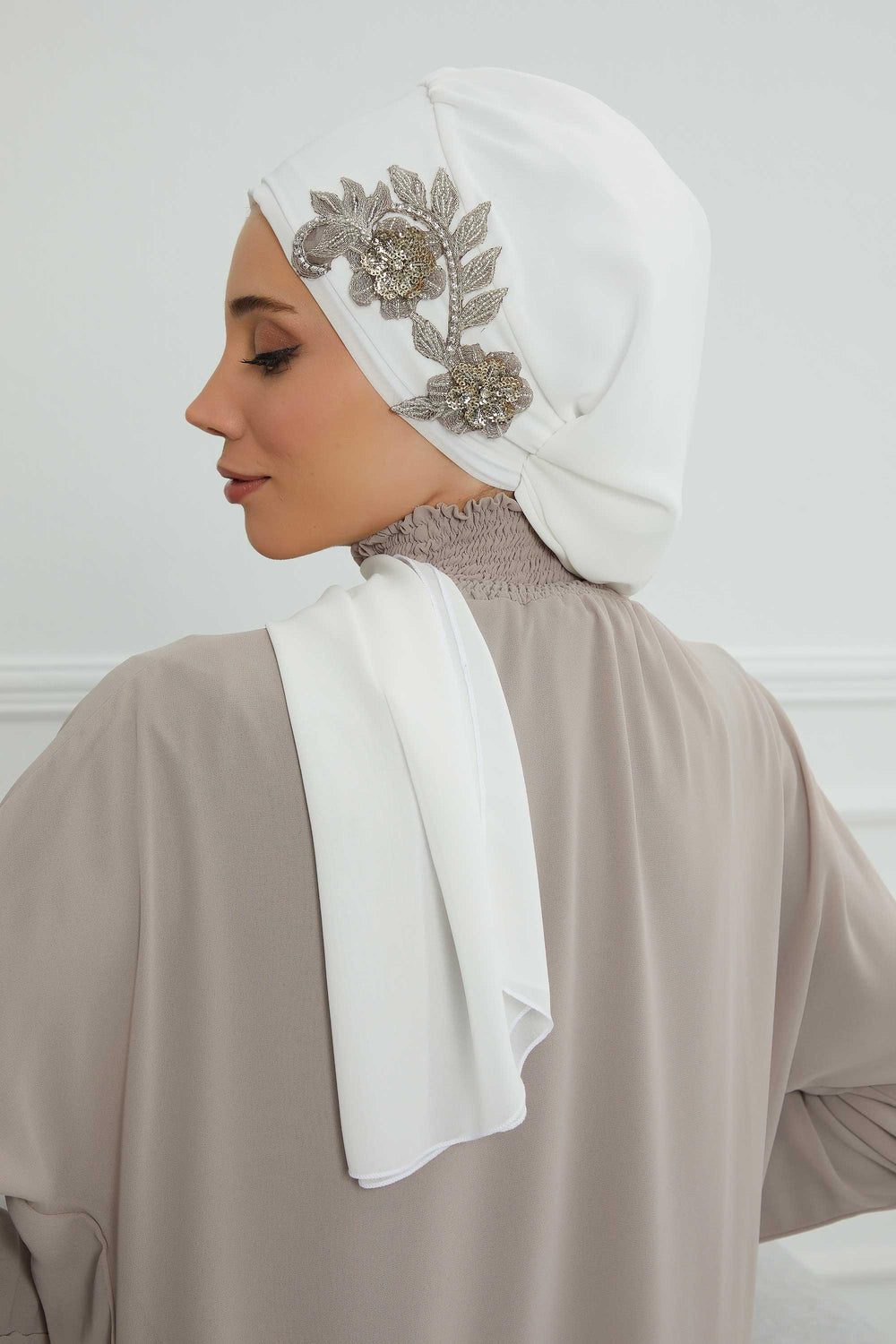 Instant Turban Chiffon Scarf Head Turbans with Gorgeous Unique Jewellery Stone Accessory For Women Headwear Stylish Elegant Design,HT-104 Off-White