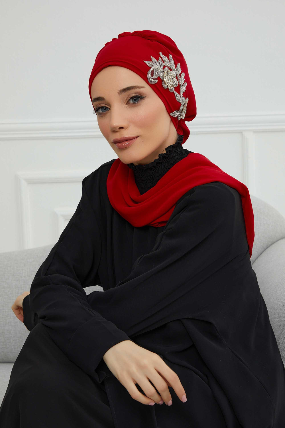 Instant Turban Chiffon Scarf Head Turbans with Gorgeous Unique Jewellery Stone Accessory For Women Headwear Stylish Elegant Design,HT-104 Red