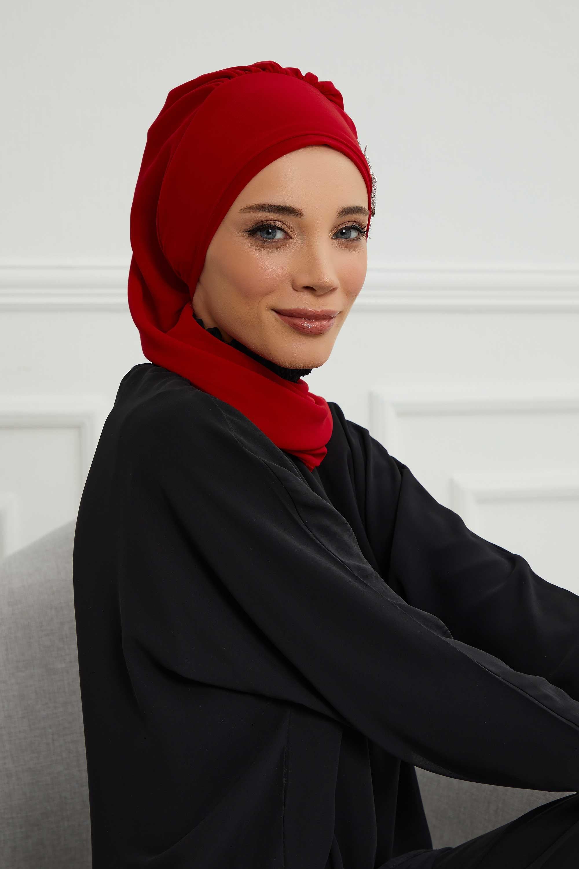 Instant Turban Chiffon Scarf Head Turbans with Gorgeous Unique Jewellery Stone Accessory For Women Headwear Stylish Elegant Design,HT-104 Red