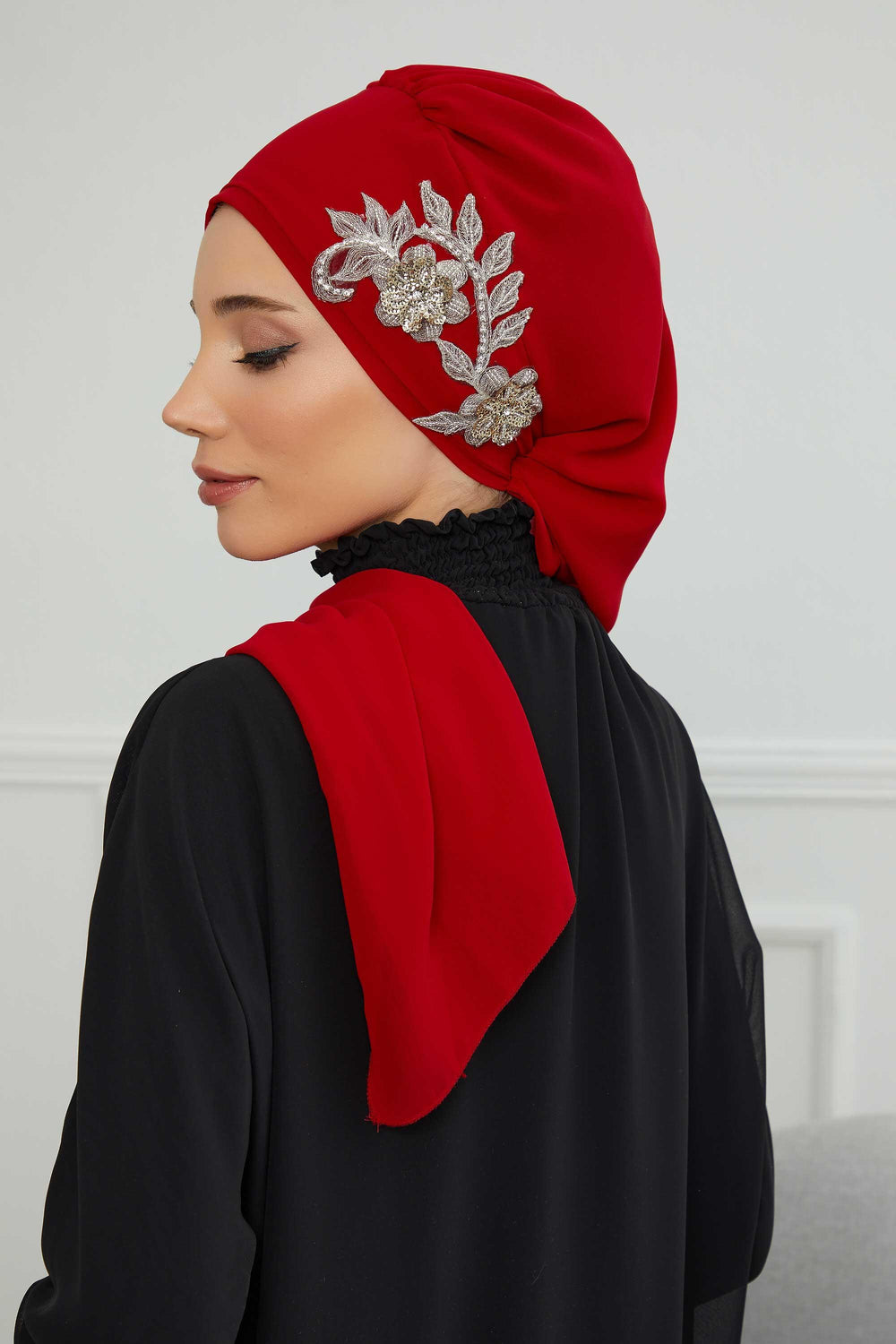 Instant Turban Chiffon Scarf Head Turbans with Gorgeous Unique Jewellery Stone Accessory For Women Headwear Stylish Elegant Design,HT-104 Red