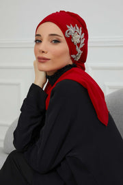 Instant Turban Chiffon Scarf Head Turbans with Gorgeous Unique Jewellery Stone Accessory For Women Headwear Stylish Elegant Design,HT-104 Red