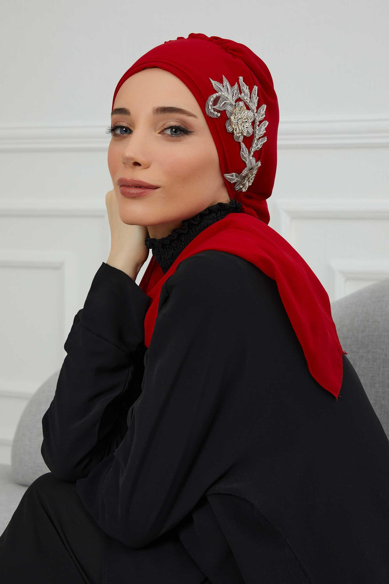 Instant Turban Chiffon Scarf Head Turbans with Gorgeous Unique Jewellery Stone Accessory For Women Headwear Stylish Elegant Design,HT-104 Red