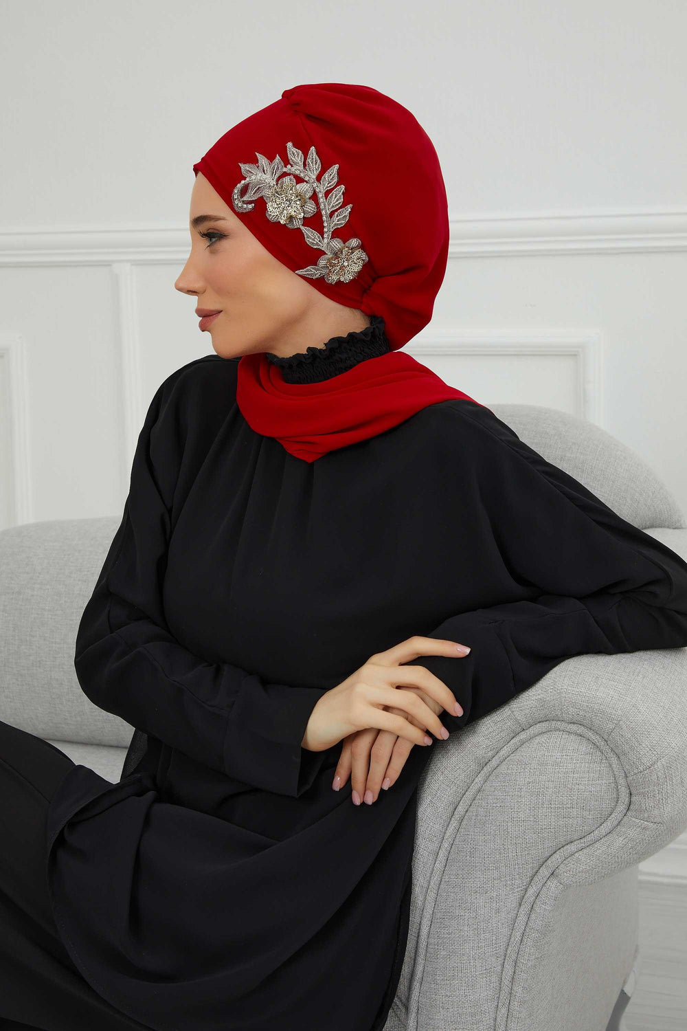 Instant Turban Chiffon Scarf Head Turbans with Gorgeous Unique Jewellery Stone Accessory For Women Headwear Stylish Elegant Design,HT-104 Red