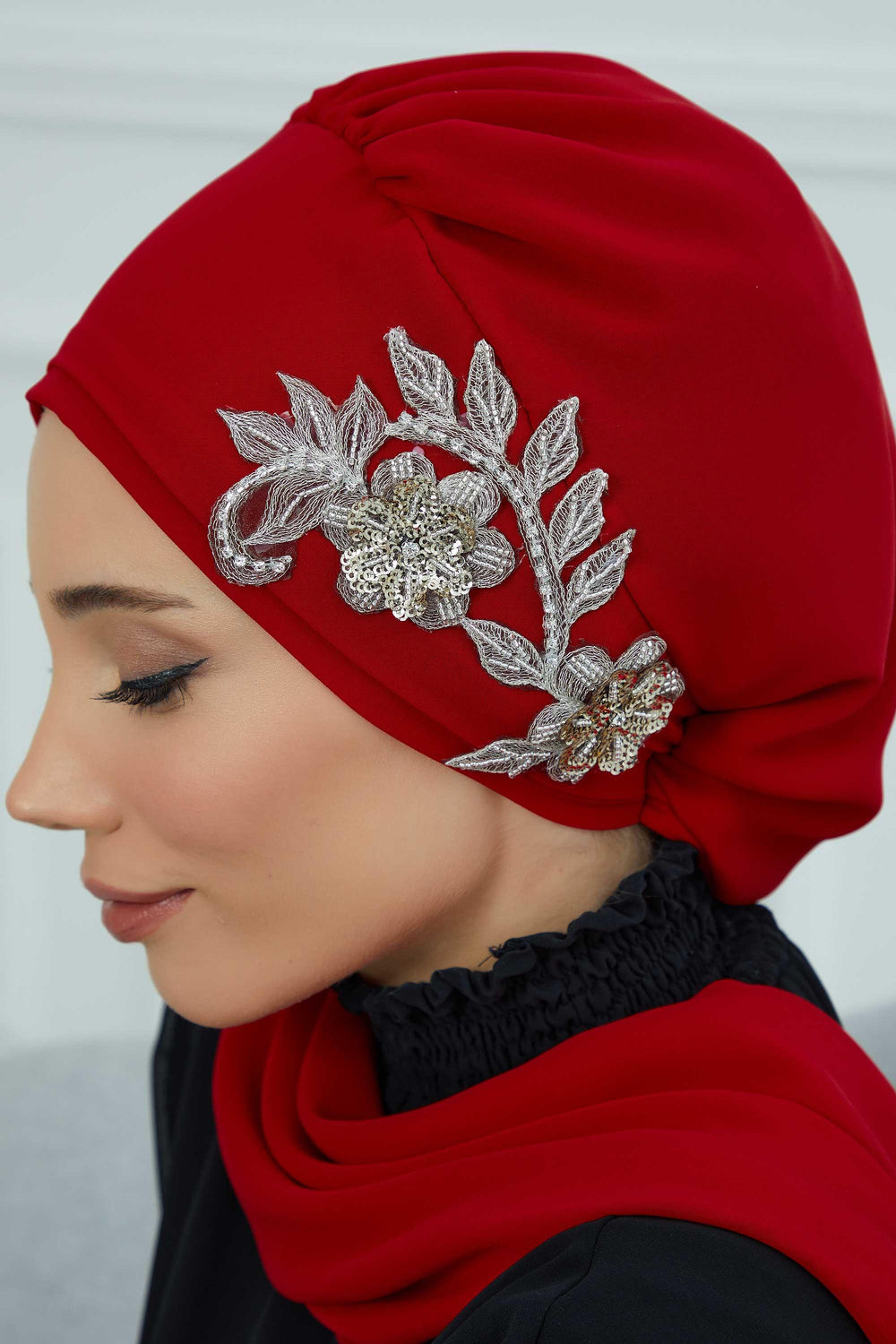 Instant Turban Chiffon Scarf Head Turbans with Gorgeous Unique Jewellery Stone Accessory For Women Headwear Stylish Elegant Design,HT-104 Red