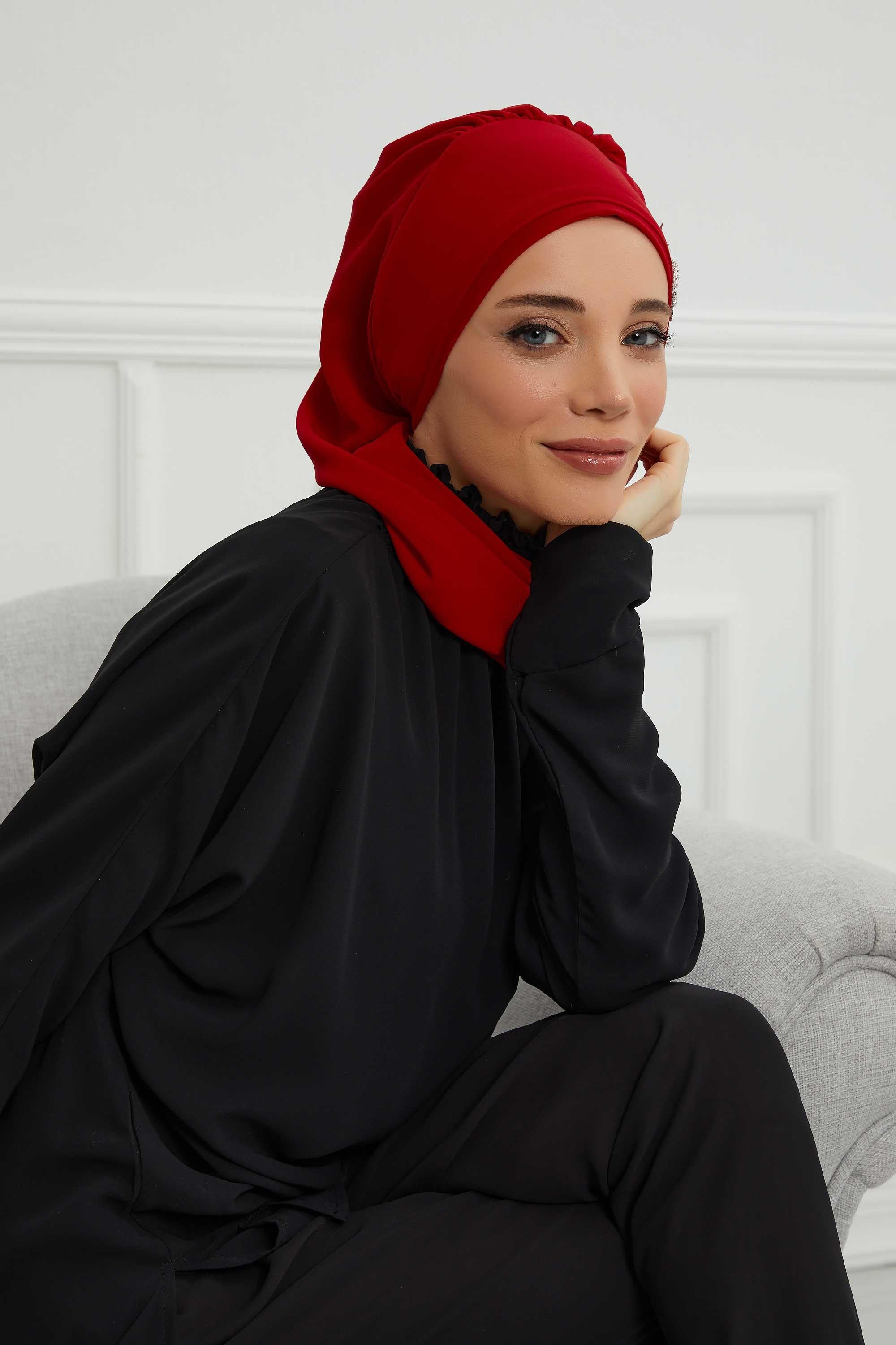 Instant Turban Chiffon Scarf Head Turbans with Gorgeous Unique Jewellery Stone Accessory For Women Headwear Stylish Elegant Design,HT-104 Red