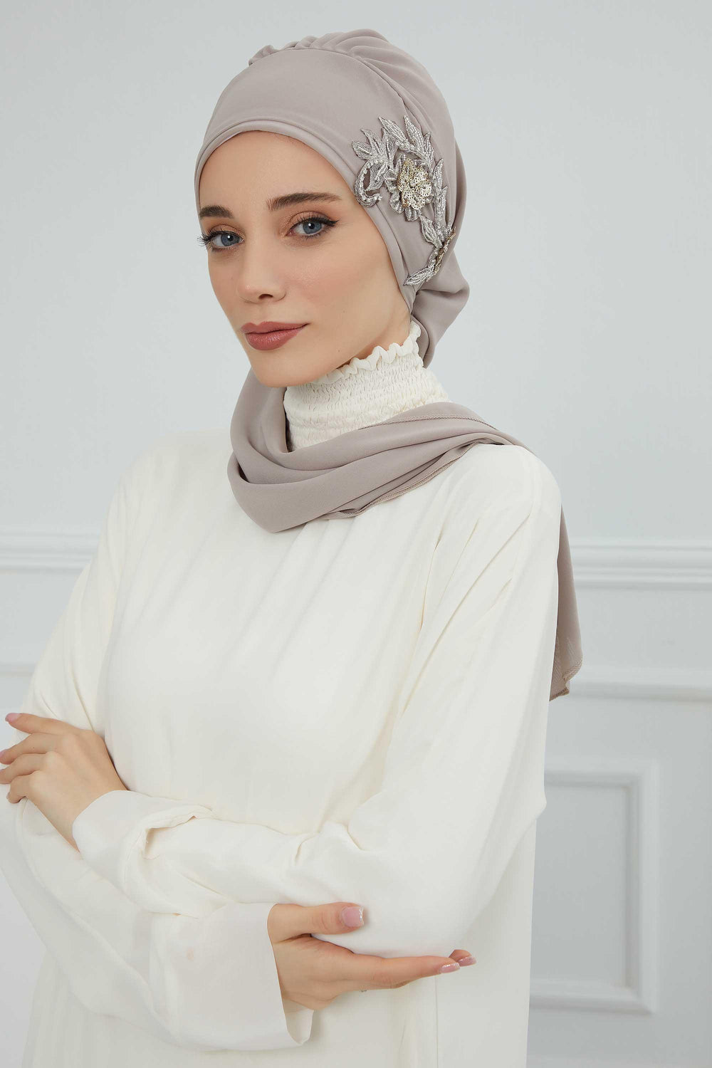 Instant Turban Chiffon Scarf Head Turbans with Gorgeous Unique Jewellery Stone Accessory For Women Headwear Stylish Elegant Design,HT-104 Mink