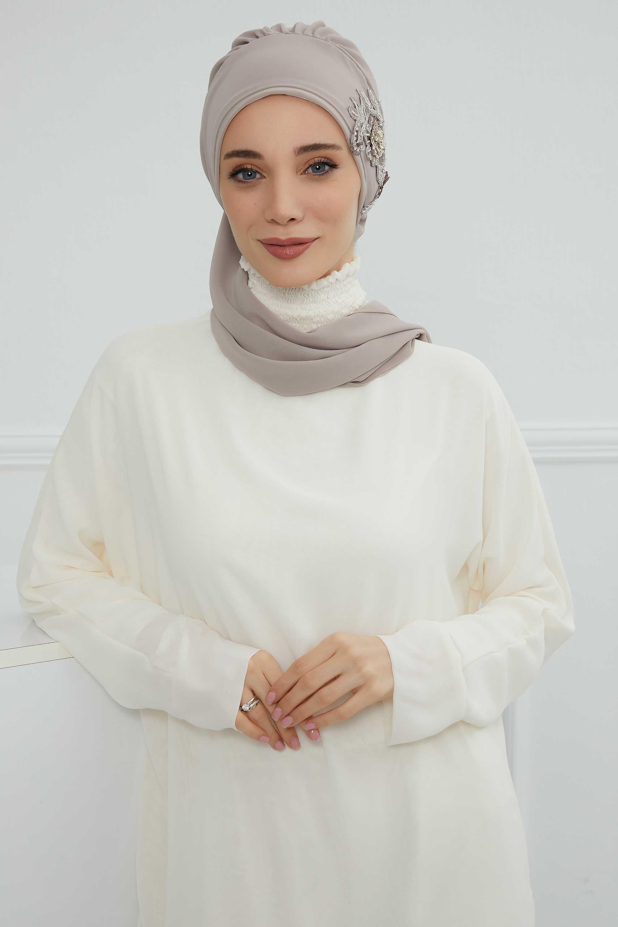 Instant Turban Chiffon Scarf Head Turbans with Gorgeous Unique Jewellery Stone Accessory For Women Headwear Stylish Elegant Design,HT-104 Mink