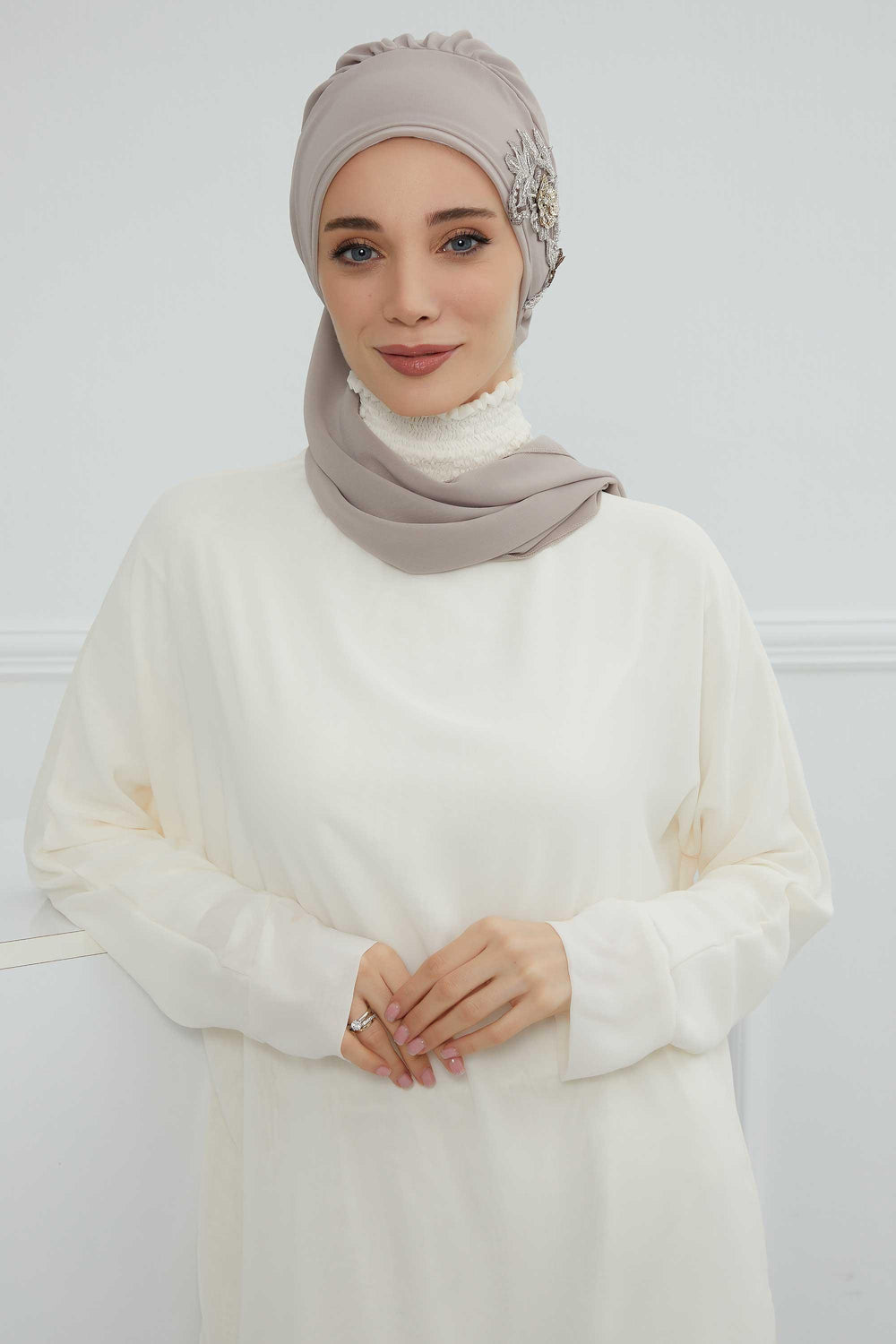 Instant Turban Chiffon Scarf Head Turbans with Gorgeous Unique Jewellery Stone Accessory For Women Headwear Stylish Elegant Design,HT-104 Mink