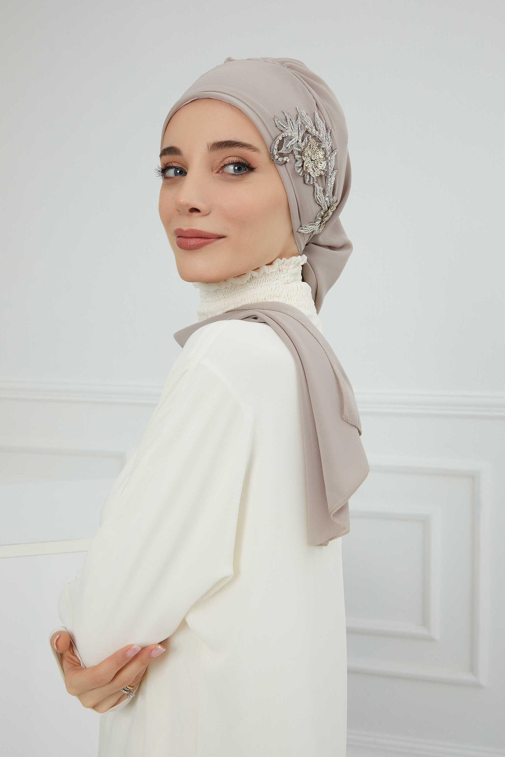 Instant Turban Chiffon Scarf Head Turbans with Gorgeous Unique Jewellery Stone Accessory For Women Headwear Stylish Elegant Design,HT-104 Mink