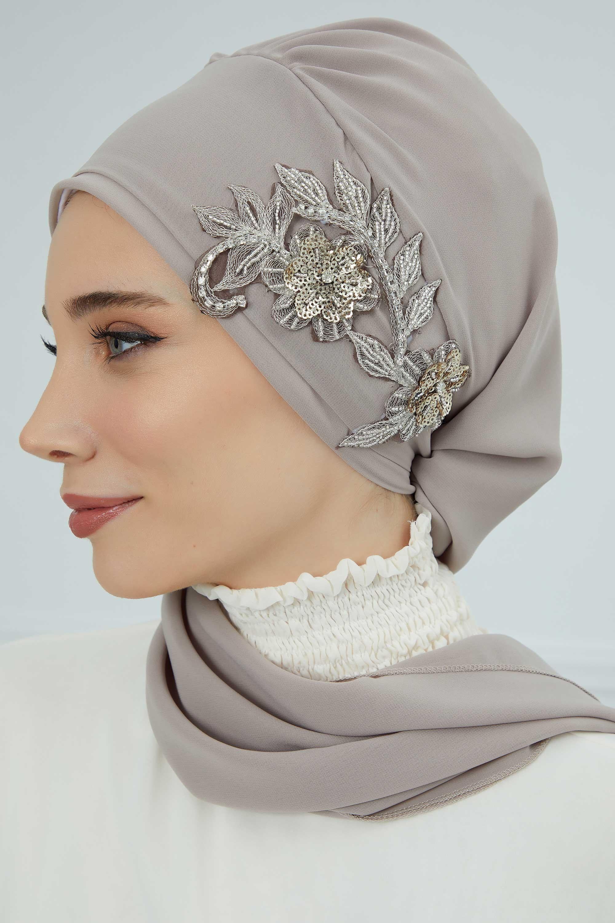 Instant Turban Chiffon Scarf Head Turbans with Gorgeous Unique Jewellery Stone Accessory For Women Headwear Stylish Elegant Design,HT-104 Mink