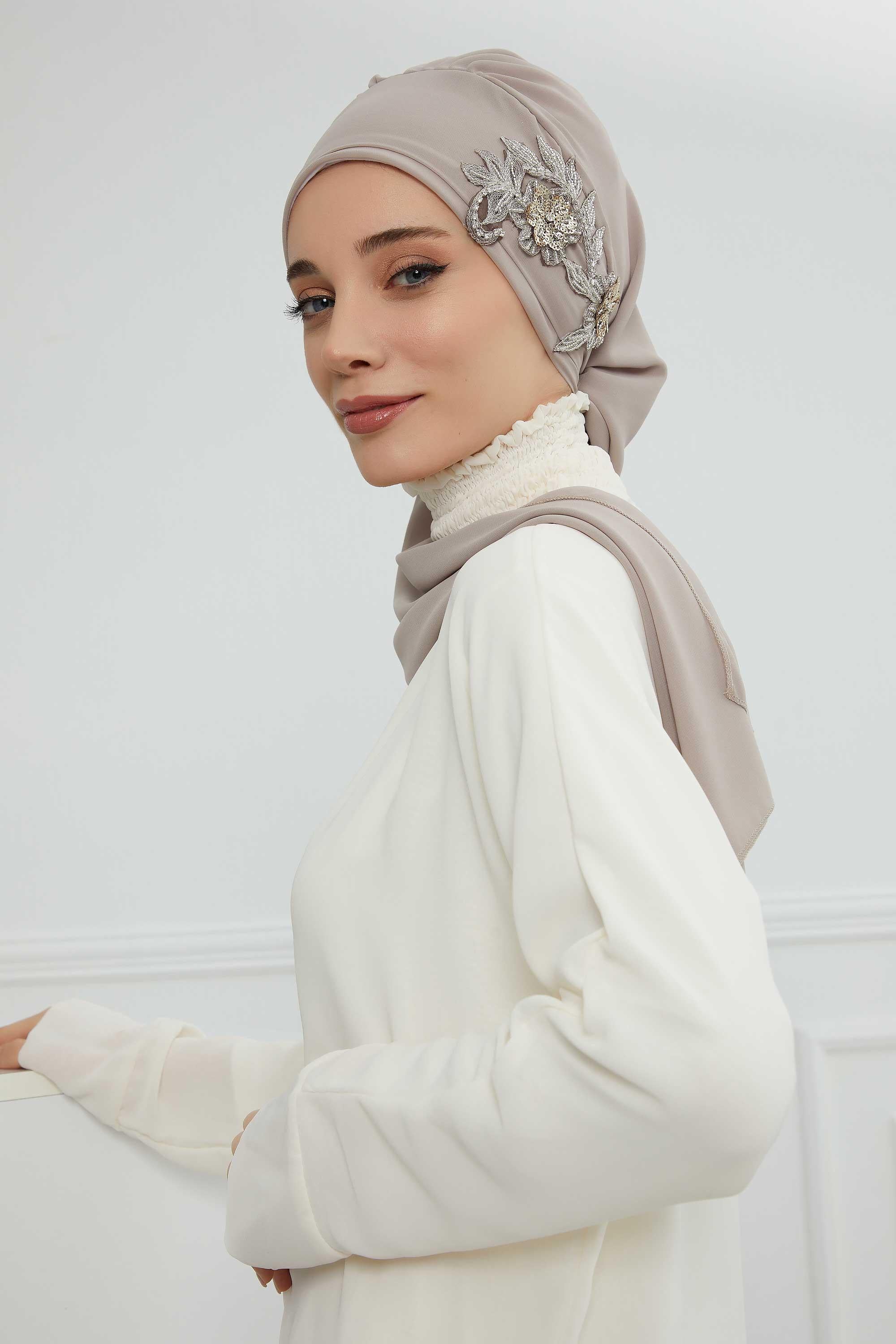 Instant Turban Chiffon Scarf Head Turbans with Gorgeous Unique Jewellery Stone Accessory For Women Headwear Stylish Elegant Design,HT-104 Mink