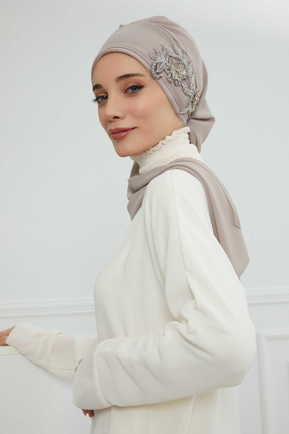 Instant Turban Chiffon Scarf Head Turbans with Gorgeous Unique Jewellery Stone Accessory For Women Headwear Stylish Elegant Design,HT-104 Mink