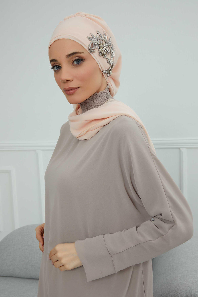 Instant Turban Chiffon Scarf Head Turbans with Gorgeous Unique Jewellery Stone Accessory For Women Headwear Stylish Elegant Design,HT-104 Beige