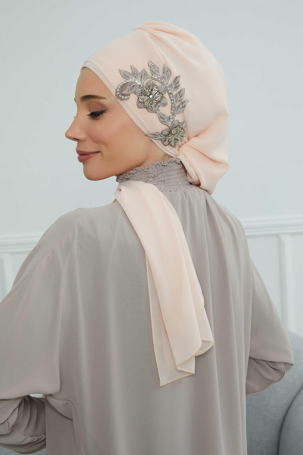 Instant Turban Chiffon Scarf Head Turbans with Gorgeous Unique Jewellery Stone Accessory For Women Headwear Stylish Elegant Design,HT-104 Beige