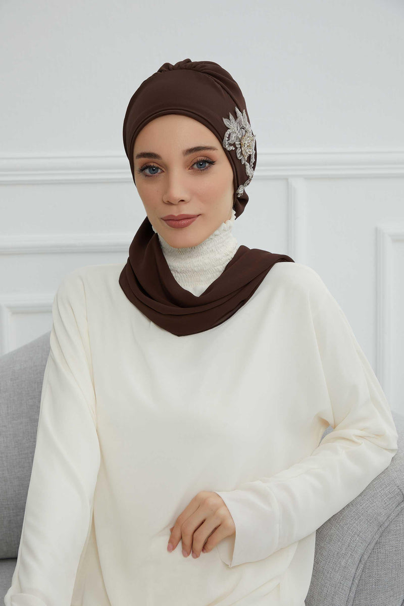 Instant Turban Chiffon Scarf Head Turbans with Gorgeous Unique Jewellery Stone Accessory For Women Headwear Stylish Elegant Design,HT-104 Brown