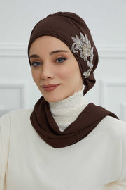 Instant Turban Chiffon Scarf Head Turbans with Gorgeous Unique Jewellery Stone Accessory For Women Headwear Stylish Elegant Design,HT-104 Brown