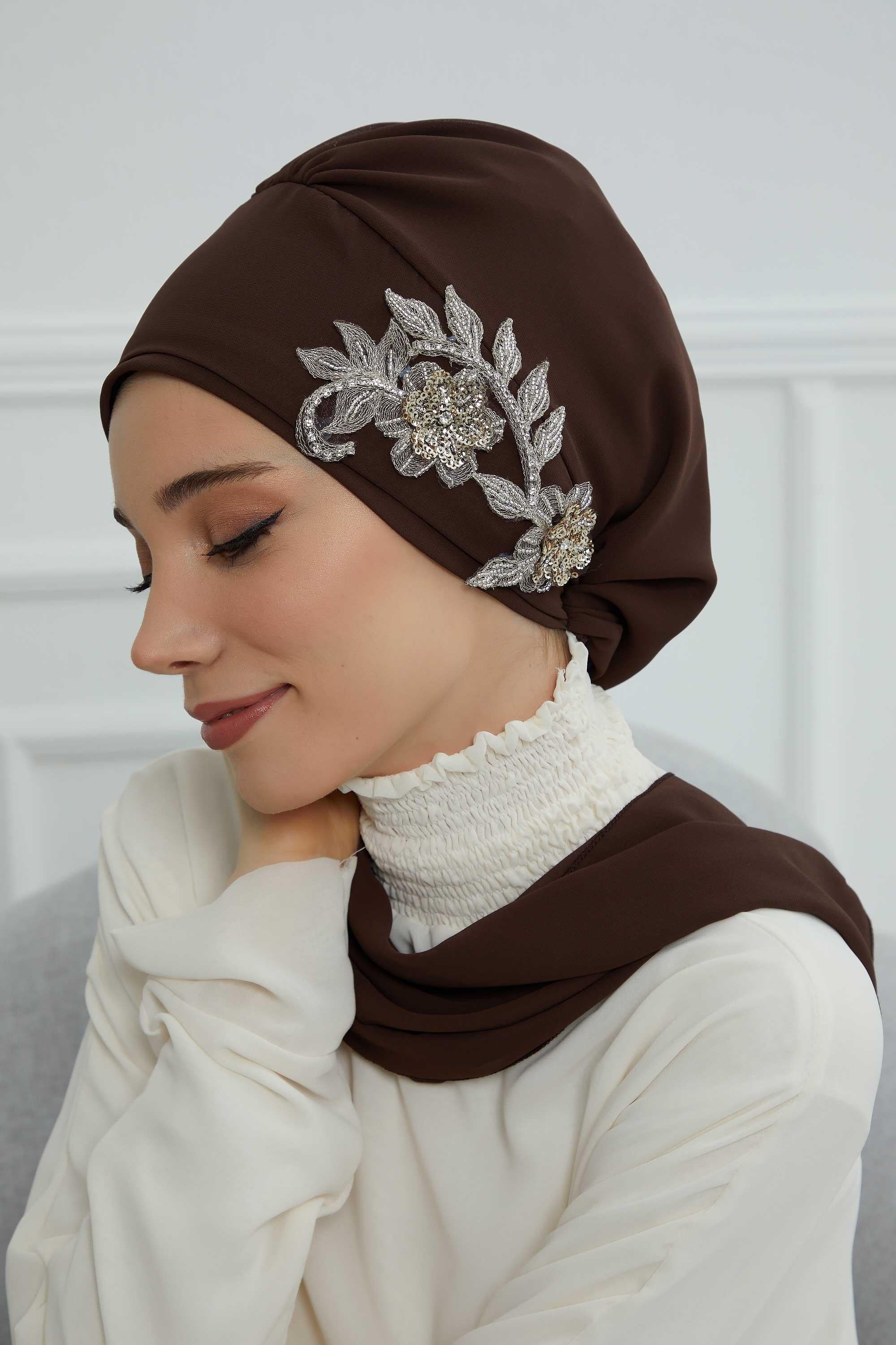 Instant Turban Chiffon Scarf Head Turbans with Gorgeous Unique Jewellery Stone Accessory For Women Headwear Stylish Elegant Design,HT-104 Brown
