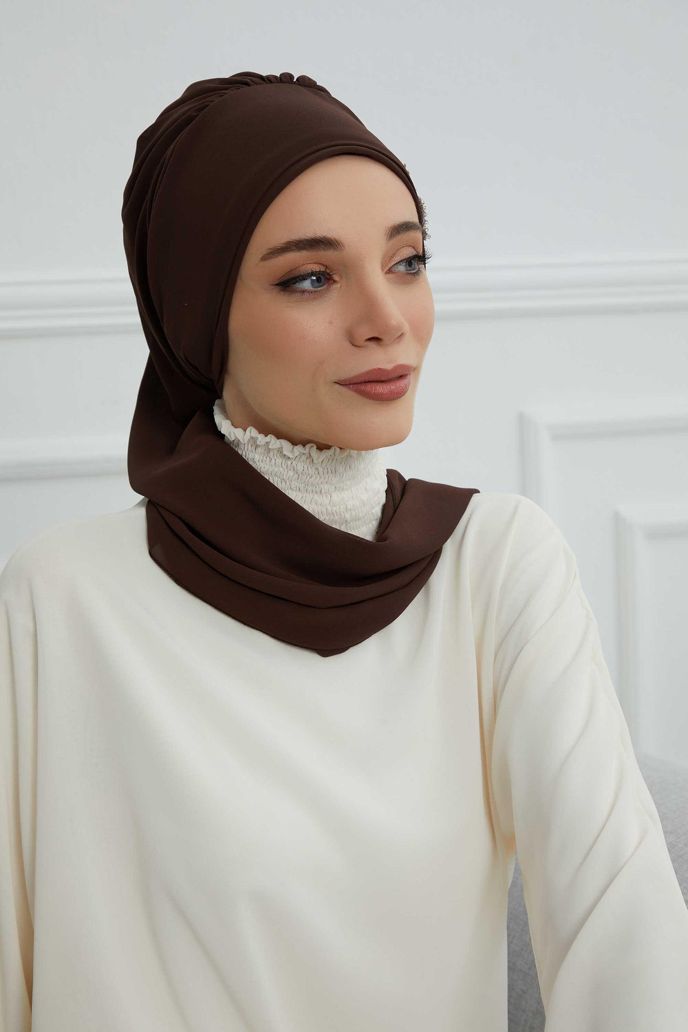 Instant Turban Chiffon Scarf Head Turbans with Gorgeous Unique Jewellery Stone Accessory For Women Headwear Stylish Elegant Design,HT-104 Brown