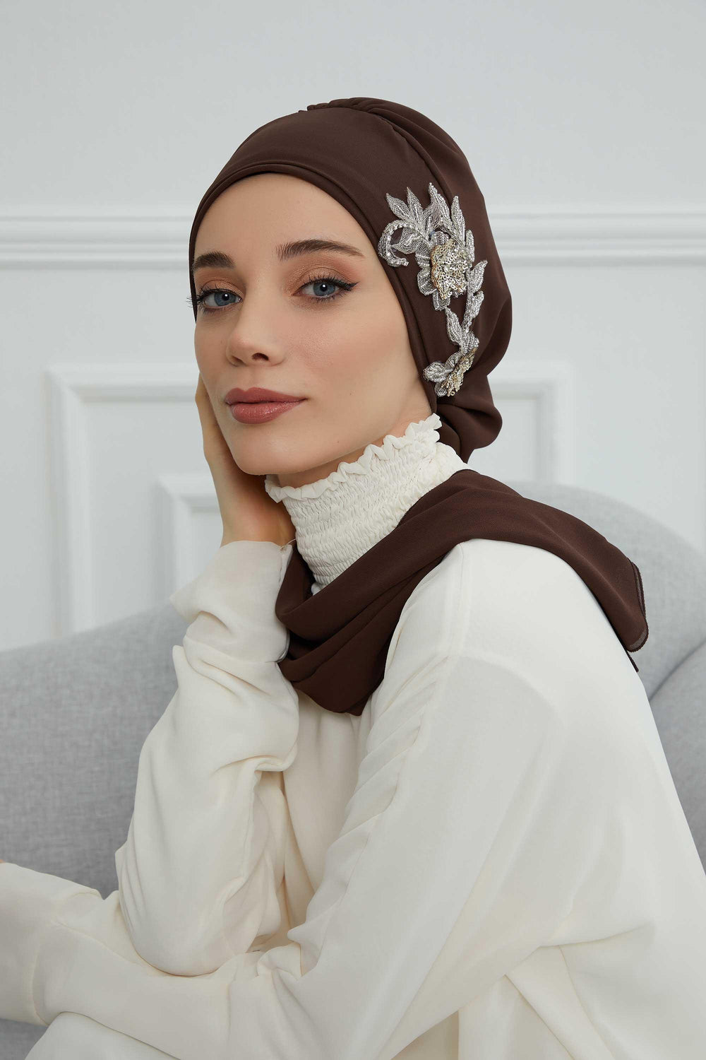 Instant Turban Chiffon Scarf Head Turbans with Gorgeous Unique Jewellery Stone Accessory For Women Headwear Stylish Elegant Design,HT-104 Brown