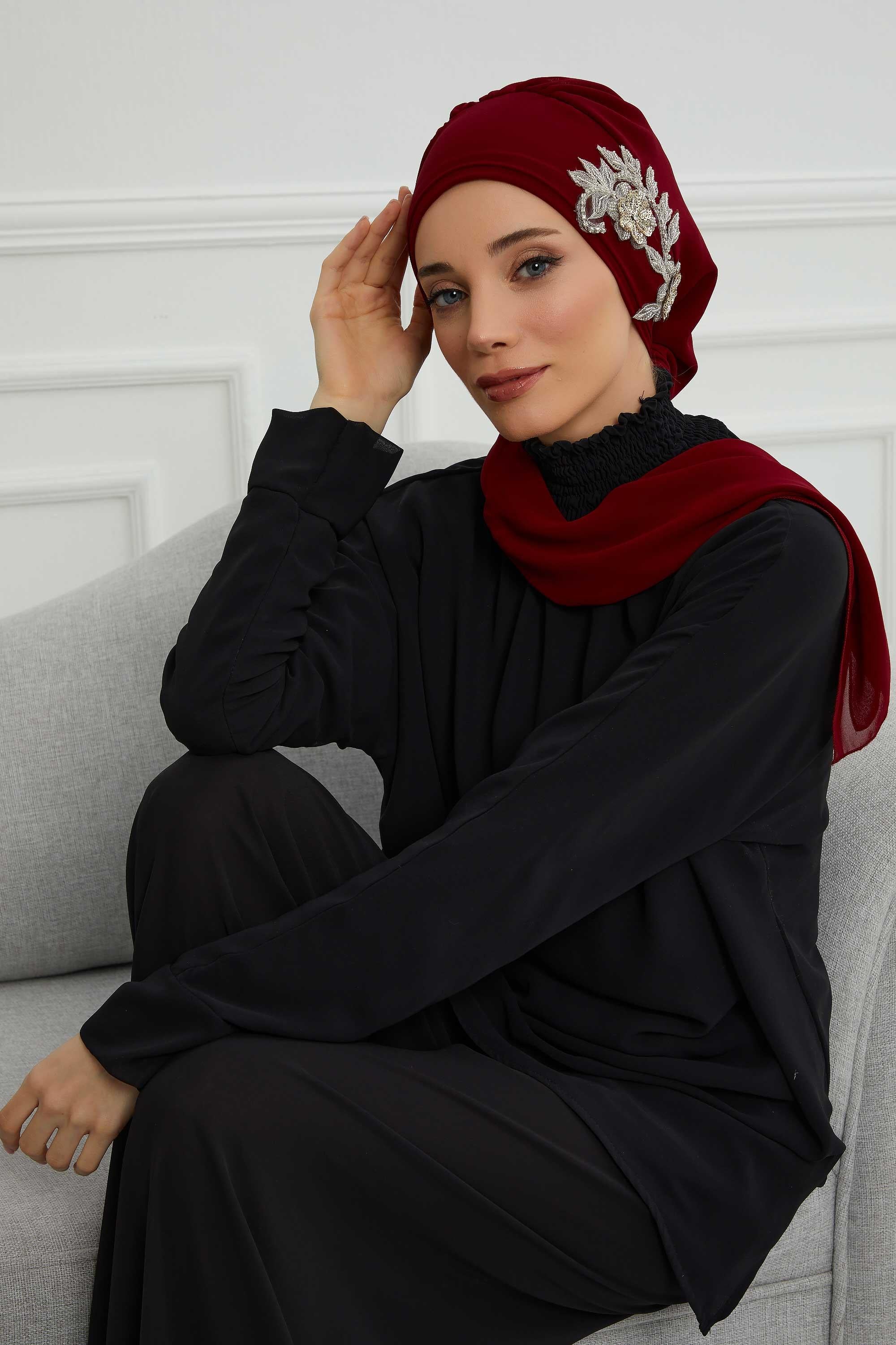 Instant Turban Chiffon Scarf Head Turbans with Gorgeous Unique Jewellery Stone Accessory For Women Headwear Stylish Elegant Design,HT-104 Maroon