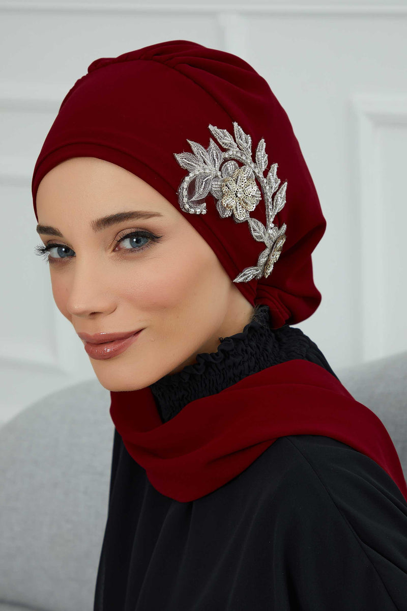 Instant Turban Chiffon Scarf Head Turbans with Gorgeous Unique Jewellery Stone Accessory For Women Headwear Stylish Elegant Design,HT-104 Maroon