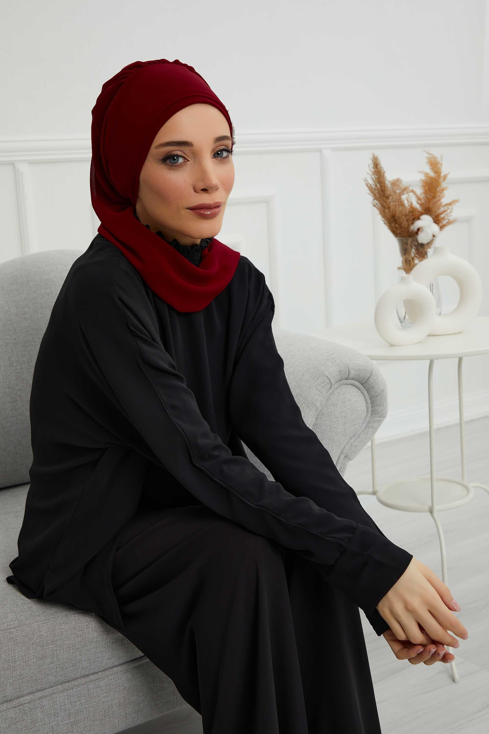 Instant Turban Chiffon Scarf Head Turbans with Gorgeous Unique Jewellery Stone Accessory For Women Headwear Stylish Elegant Design,HT-104 Maroon