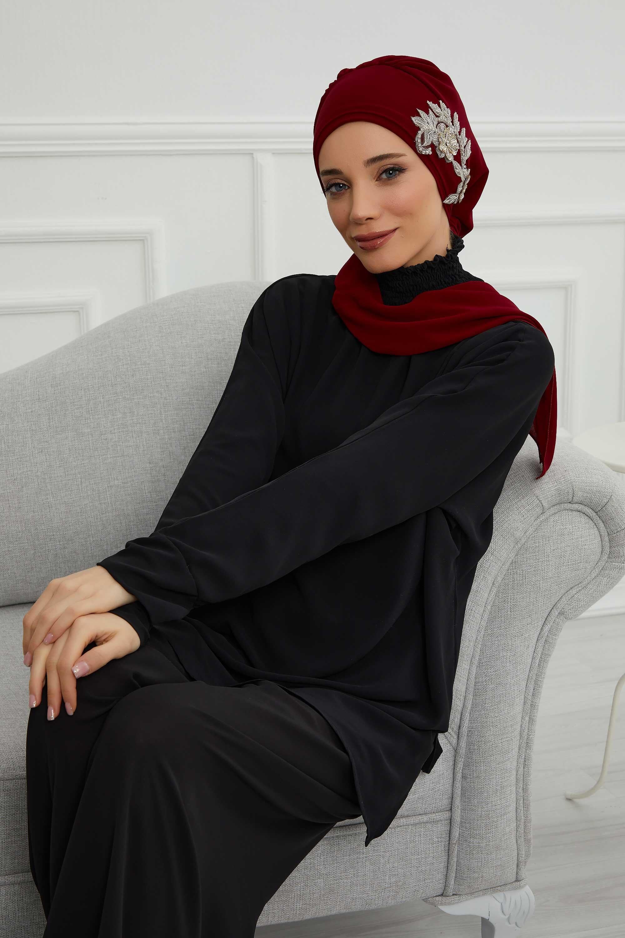 Instant Turban Chiffon Scarf Head Turbans with Gorgeous Unique Jewellery Stone Accessory For Women Headwear Stylish Elegant Design,HT-104 Maroon