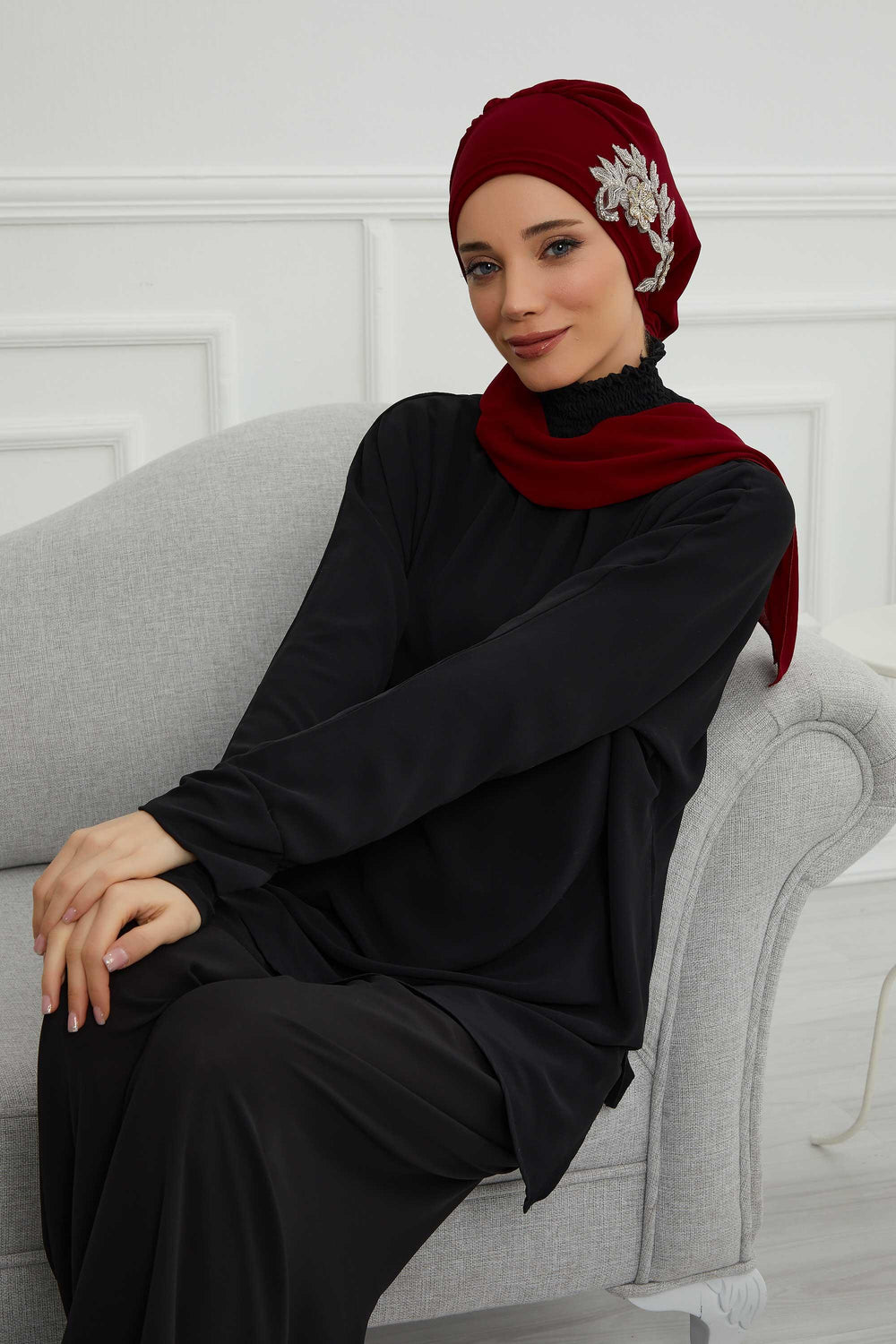 Instant Turban Chiffon Scarf Head Turbans with Gorgeous Unique Jewellery Stone Accessory For Women Headwear Stylish Elegant Design,HT-104 Maroon