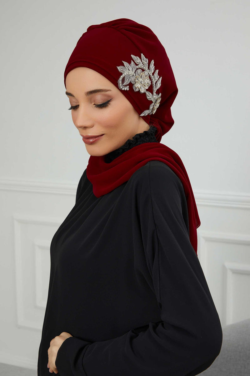 Instant Turban Chiffon Scarf Head Turbans with Gorgeous Unique Jewellery Stone Accessory For Women Headwear Stylish Elegant Design,HT-104 Maroon