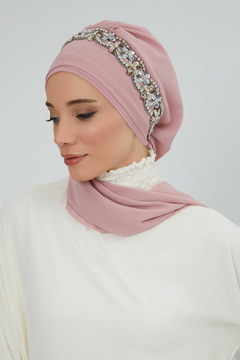 Instant Turban Chiffon Scarf Head Turbans with Unique Accessory For Women Headwear Stylish Elegant Design,HT-101 Powder-Silver