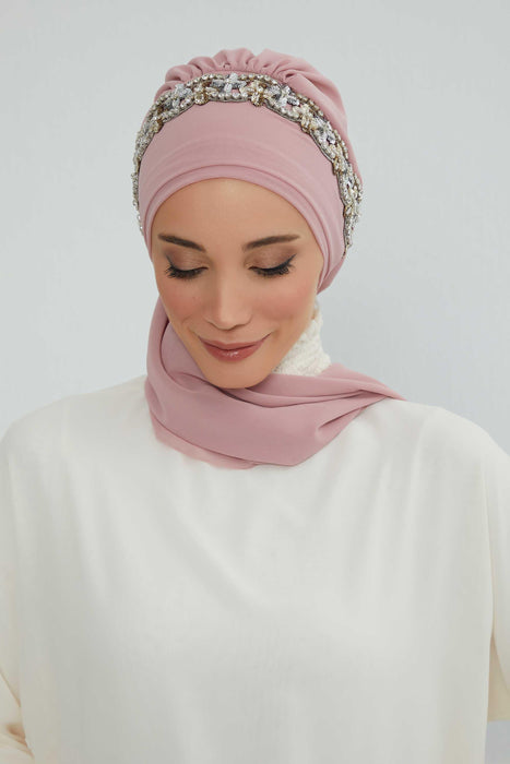 Instant Turban Chiffon Scarf Head Turbans with Unique Accessory For Women Headwear Stylish Elegant Design,HT-101 Powder-Silver