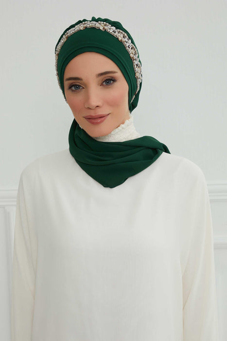 Instant Turban Chiffon Scarf Head Turbans with Unique Accessory For Women Headwear Stylish Elegant Design,HT-101 Dark Green-Silver