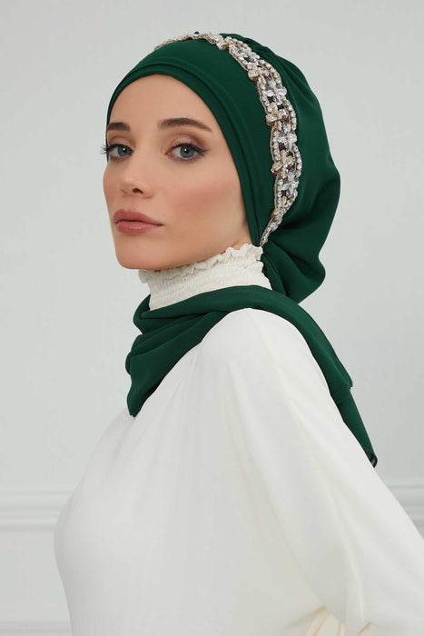 Instant Turban Chiffon Scarf Head Turbans with Unique Accessory For Women Headwear Stylish Elegant Design,HT-101 Dark Green-Silver