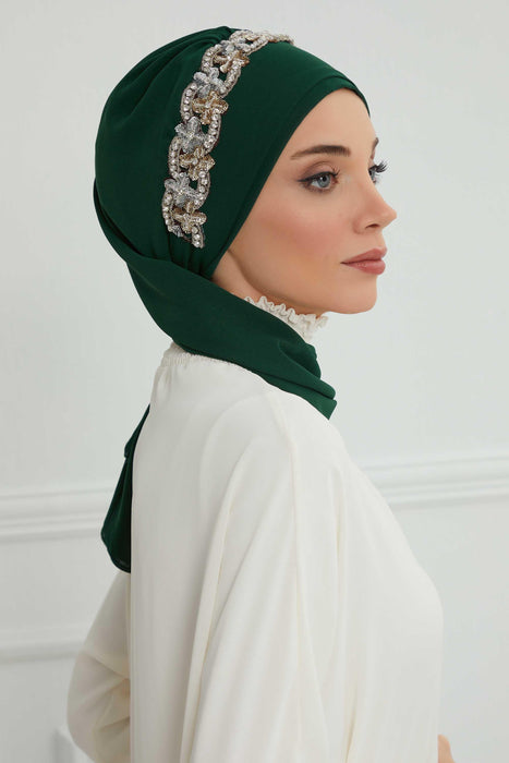 Instant Turban Chiffon Scarf Head Turbans with Unique Accessory For Women Headwear Stylish Elegant Design,HT-101 Dark Green-Silver