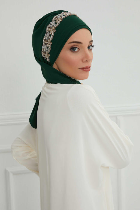 Instant Turban Chiffon Scarf Head Turbans with Unique Accessory For Women Headwear Stylish Elegant Design,HT-101 Dark Green-Silver