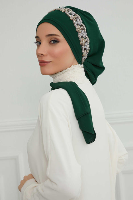 Instant Turban Chiffon Scarf Head Turbans with Unique Accessory For Women Headwear Stylish Elegant Design,HT-101 Dark Green-Silver