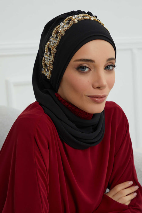 Instant Turban Chiffon Scarf Head Turbans with Unique Accessory For Women Headwear Stylish Elegant Design,HT-101 Black-Gold