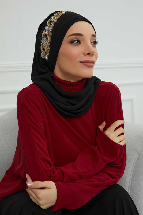 Instant Turban Chiffon Scarf Head Turbans with Unique Accessory For Women Headwear Stylish Elegant Design,HT-101 Black-Gold
