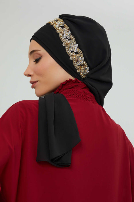 Instant Turban Chiffon Scarf Head Turbans with Unique Accessory For Women Headwear Stylish Elegant Design,HT-101 Black-Gold