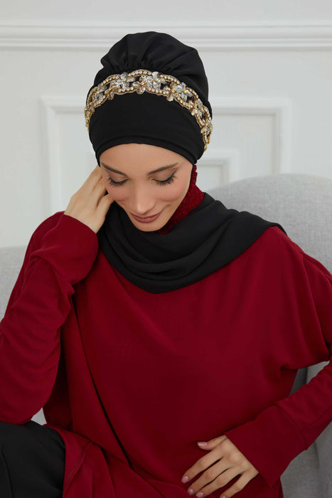 Instant Turban Chiffon Scarf Head Turbans with Unique Accessory For Women Headwear Stylish Elegant Design,HT-101 Black-Gold