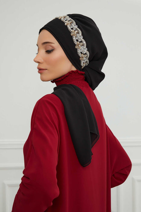Instant Turban Chiffon Scarf Head Turbans with Unique Accessory For Women Headwear Stylish Elegant Design,HT-101 Black-Silver