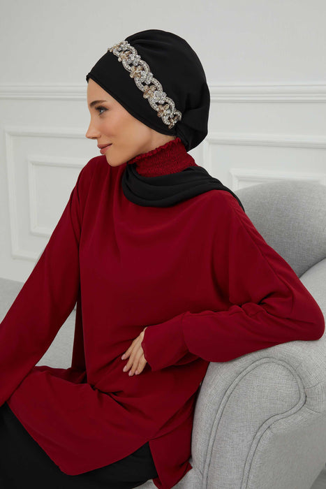 Instant Turban Chiffon Scarf Head Turbans with Unique Accessory For Women Headwear Stylish Elegant Design,HT-101 Black-Silver